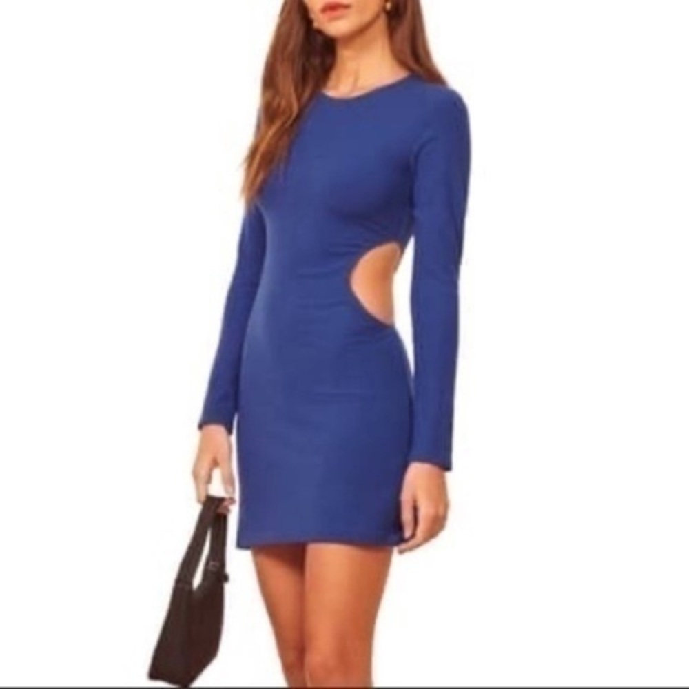 NWT Reformation Kensy Long Sleeve Cut Waist Mini Dress Women Size XL Color Blue